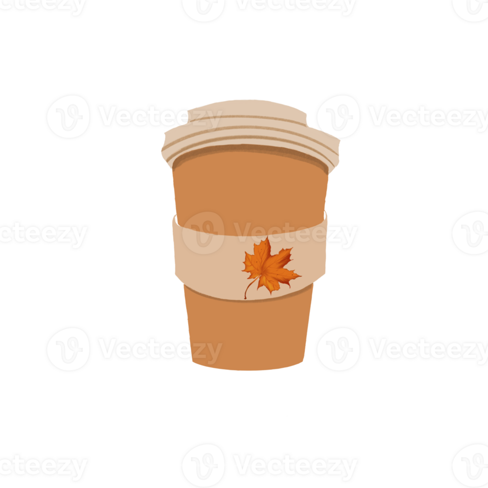 Illustration of a cup of coffee with a pattern of an autumn maple leaf on a transparent background. The element can be used for your composition png
