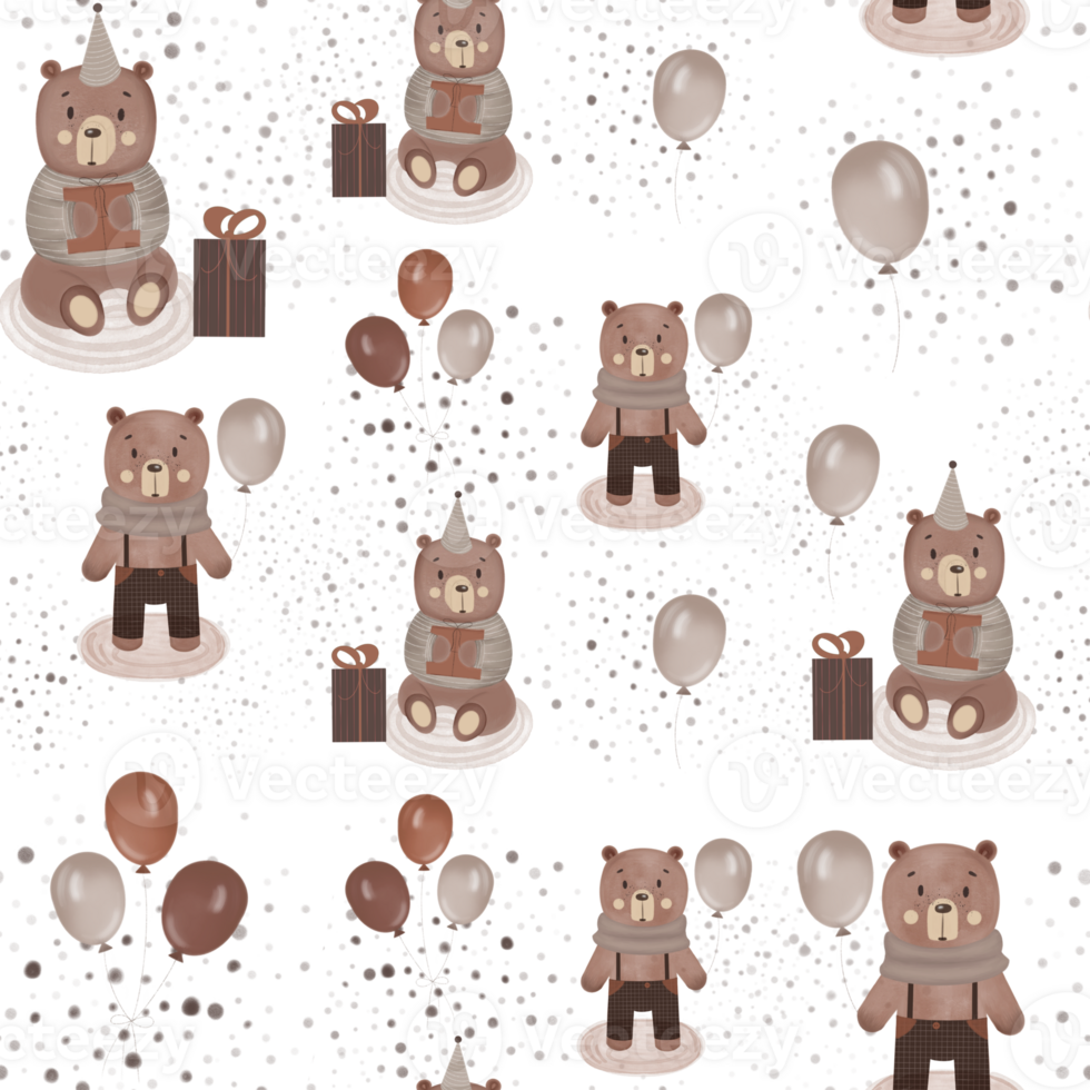 Beautiful illustration seamless pattern with bears toys and balls as elements or background for a birthday party png