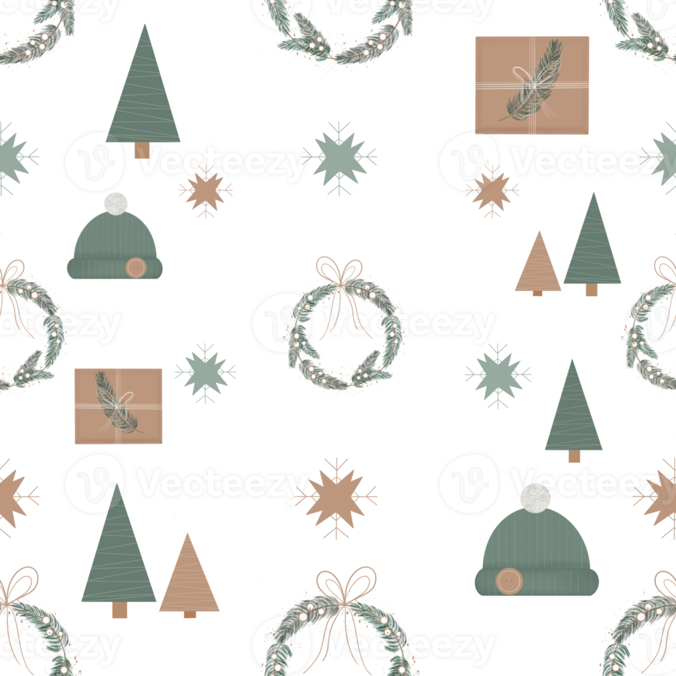 Beautiful pattern illustration with elements of Christmas tree, gift box, wreath, winter hat in green and brown colors png