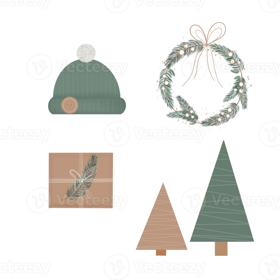 Beautiful pattern illustration with elements of Christmas tree, gift box, wreath, winter hat in green and brown colors png