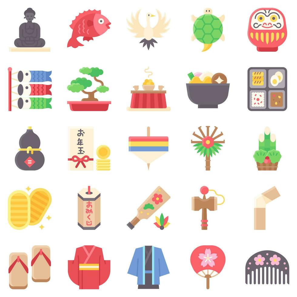 japonés nuevo año relacionado plano icono conjunto 2 vector