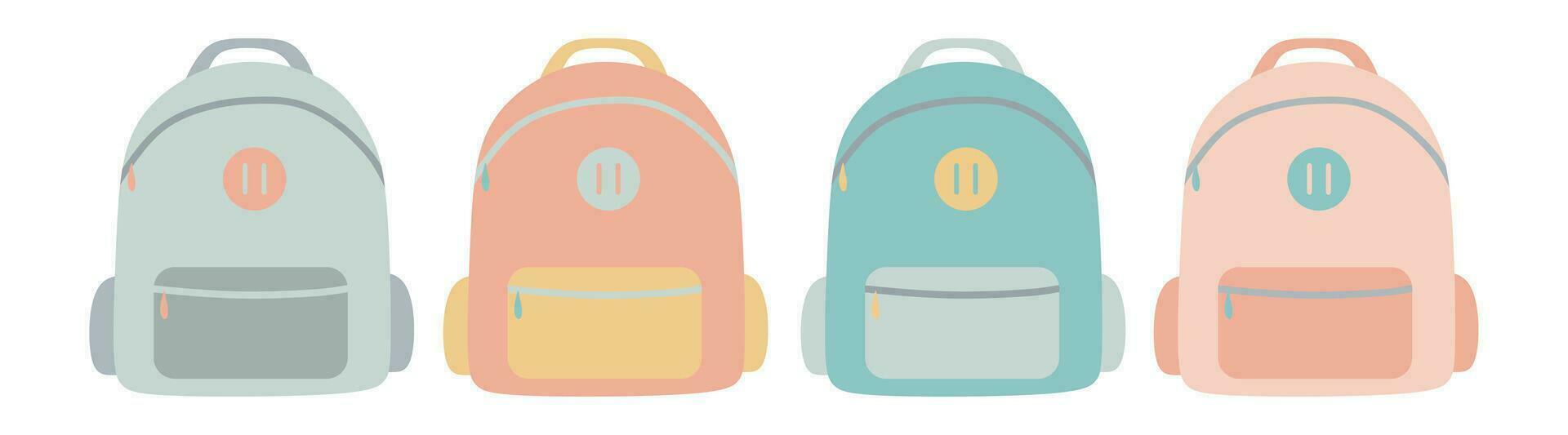 Set school backpack, sport, Study and travel bag in pastel colors. Flat Vector illustration isolated on white background. College accessory, Fashion concept. Design collection for Card, Poster, Banner