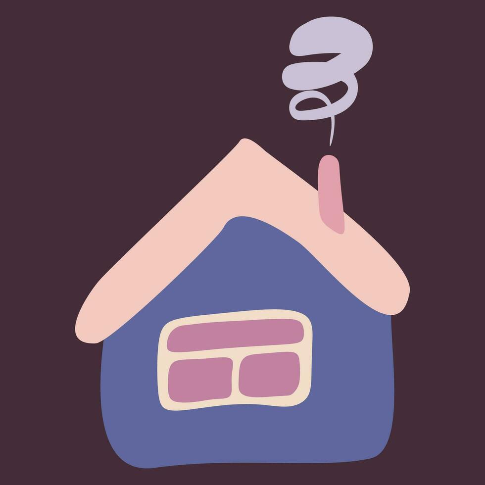 Quirky cartoon Tiny House with Smoke from Chimney. Kids style multicolored drawing, isolated Vector Illustration. Cute and quaint Flat style element for business card, Logo design in real estate.