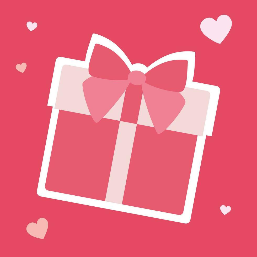 Lovely present gift box flat icon. Cute romantic Pink Present package with Bow ribbon and hearts on Background. Valentine day surprise, perfect date, anniversary of love. Isolated Object for Sticker. vector