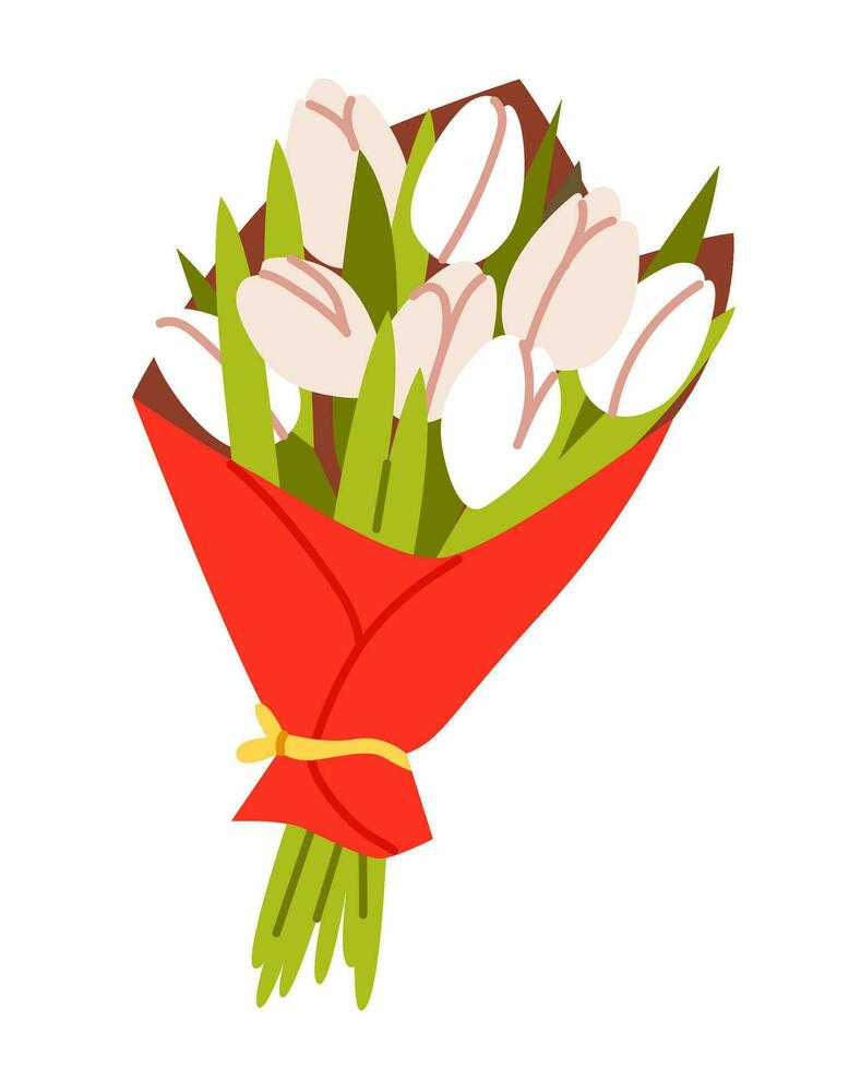 ramo de flores de blanco tulipanes flores en envase papel. floral diseño plantillas para De las mujeres y de la madre día. plano vector ilustración