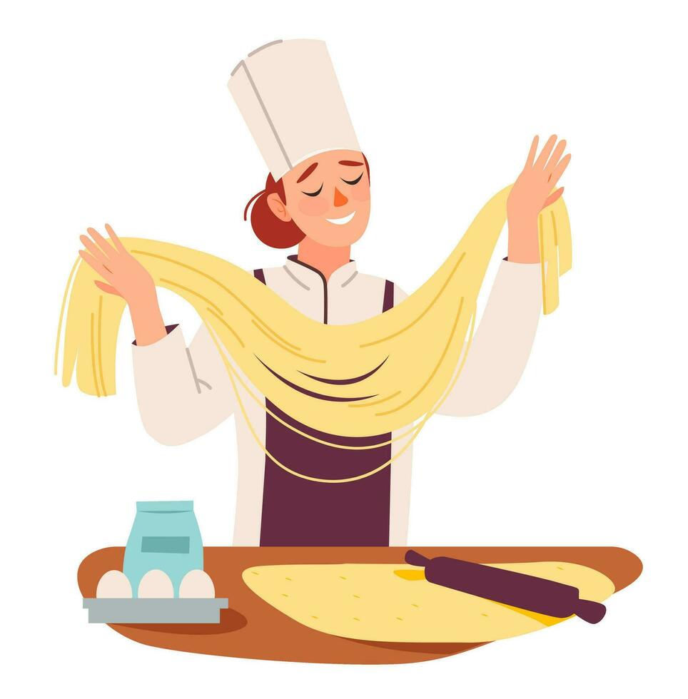 Chef prepares pasta dough. Food maker rolling homemade dough at restaurant kitchen. Flat vector illustration