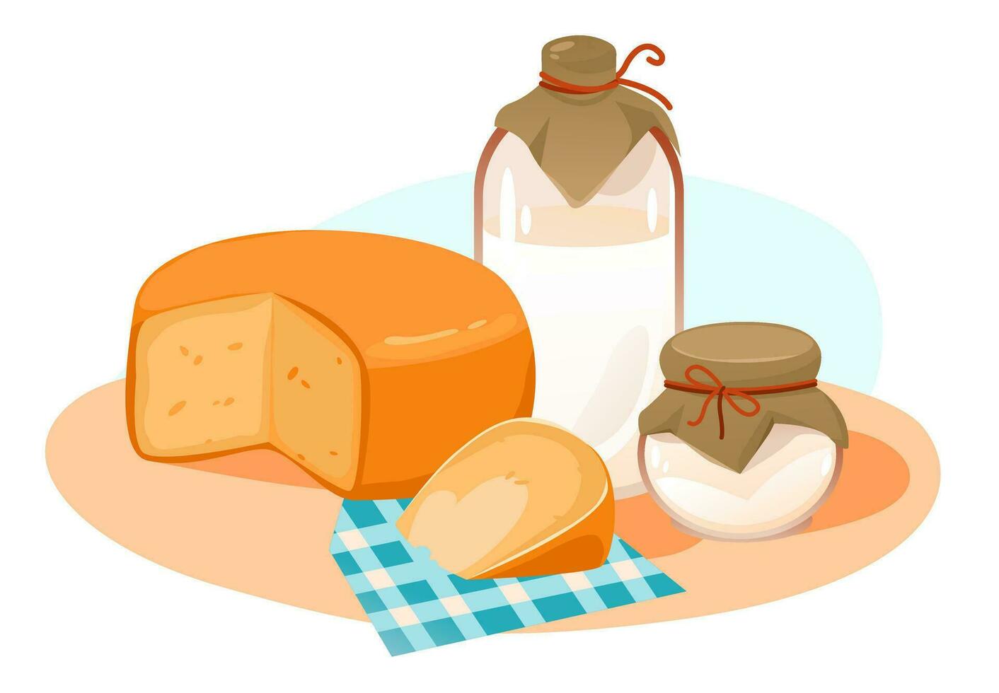 lechería productos colocar. Leche y y queso en el cocina mesa. orgánico hecho en casa alimento. dibujos animados vector ilustración