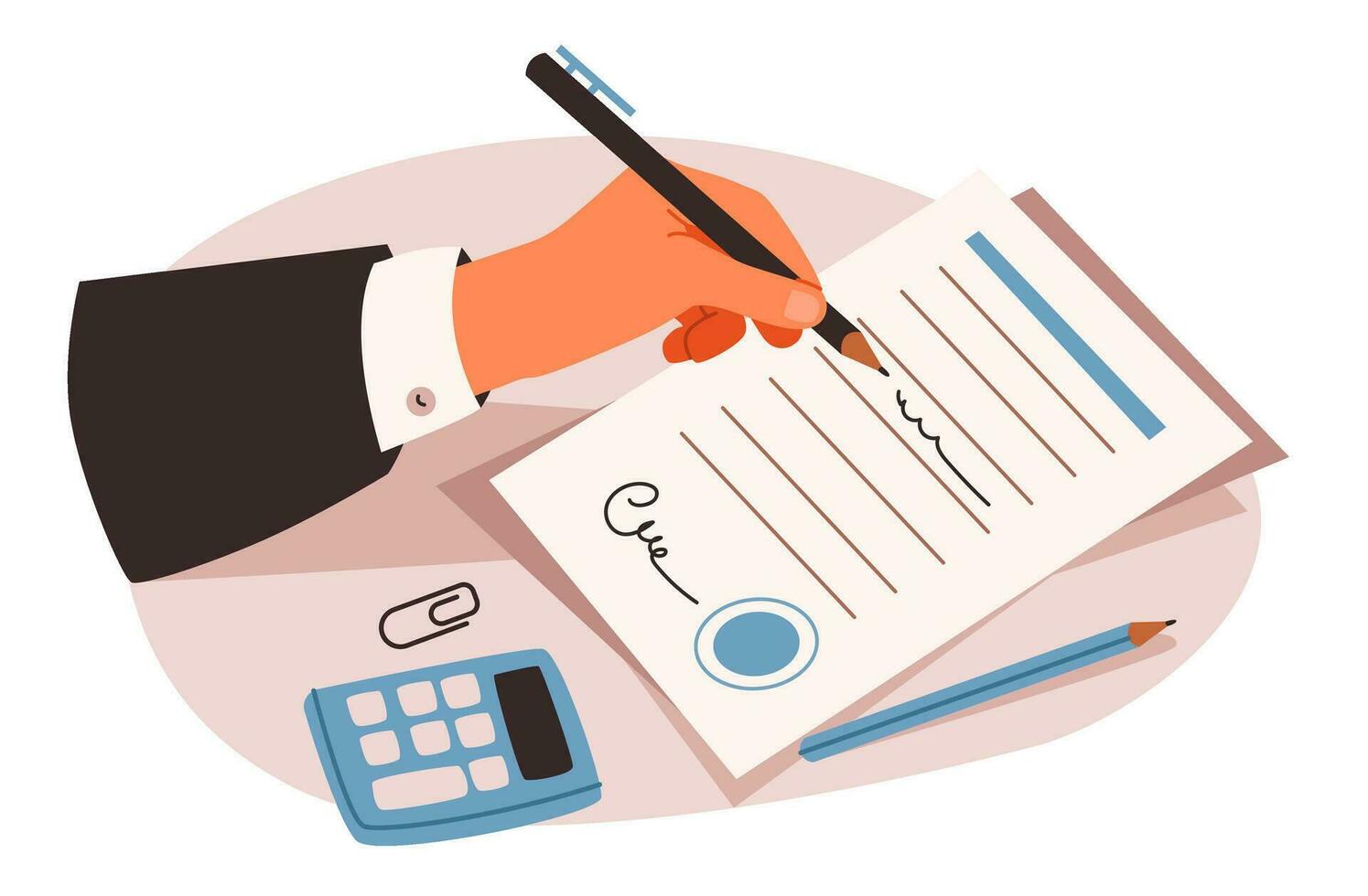 A business man's hand signs a document. Business concept. Flat vector illustration