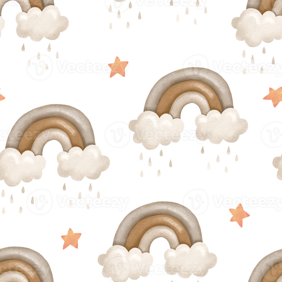 Endless pattern with rainy weather, clouds with rainbow. Boho brown colors background. Pattern with sky, clouds and stars. Seamless design png