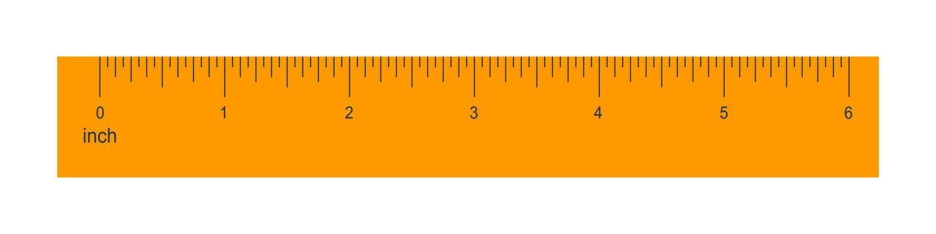 6 inches orange plastic or wooden ruler isolated on white background. Math or geometric tool for distance, height or length measurement with markup and numbers vector