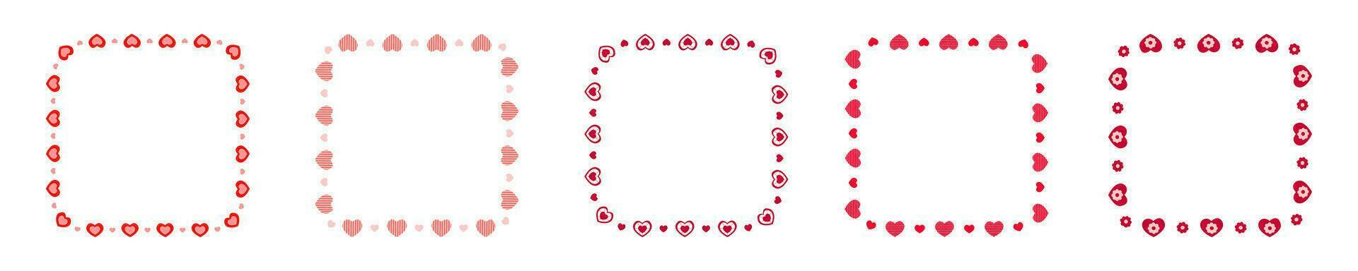 Set of square frames with hearts and flowers. Collection of templates for Valentine day card, wedding invitation, photo, picture, banner, stickers vector