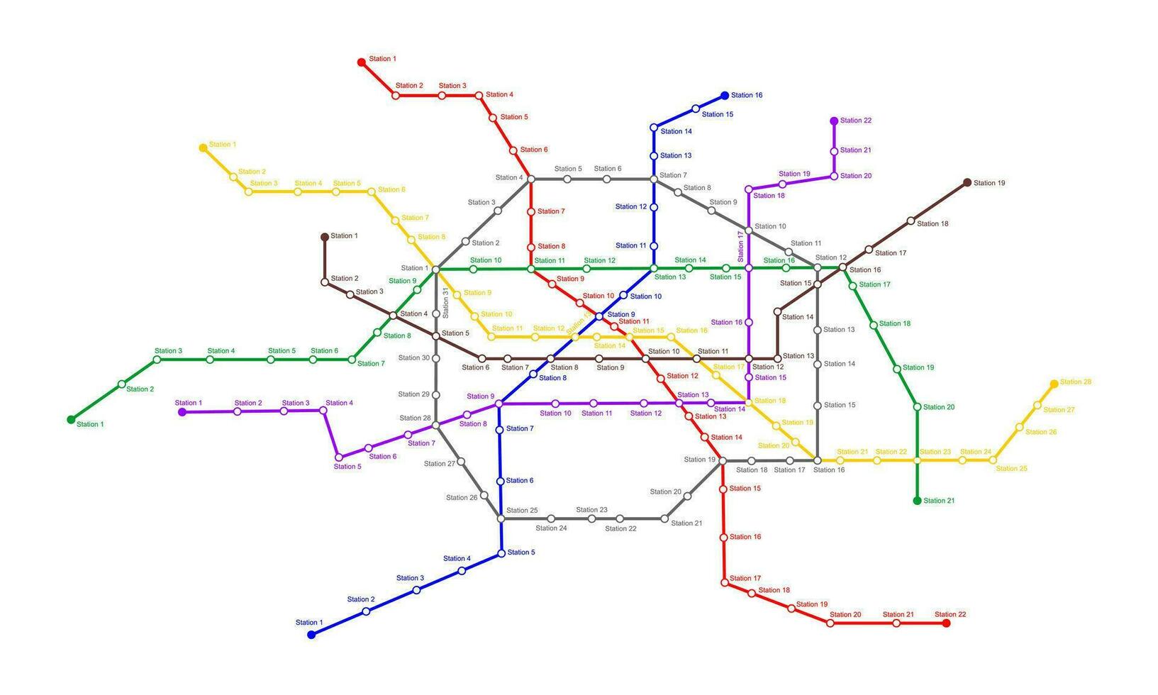 Metro map with many colored way lines and stations. Subway scheme template. Infographic plan of public rapid underground transport network vector