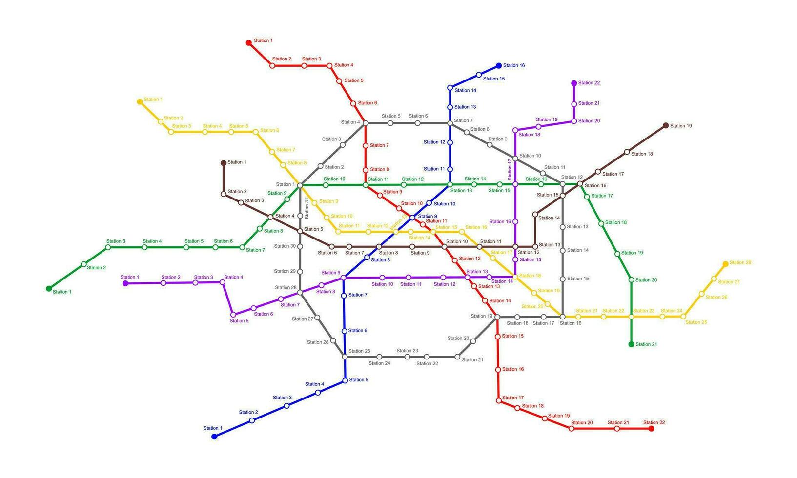 metro mapa con muchos de colores camino líneas y estaciones subterraneo esquema modelo. infografía plan de público rápido subterráneo transporte red vector