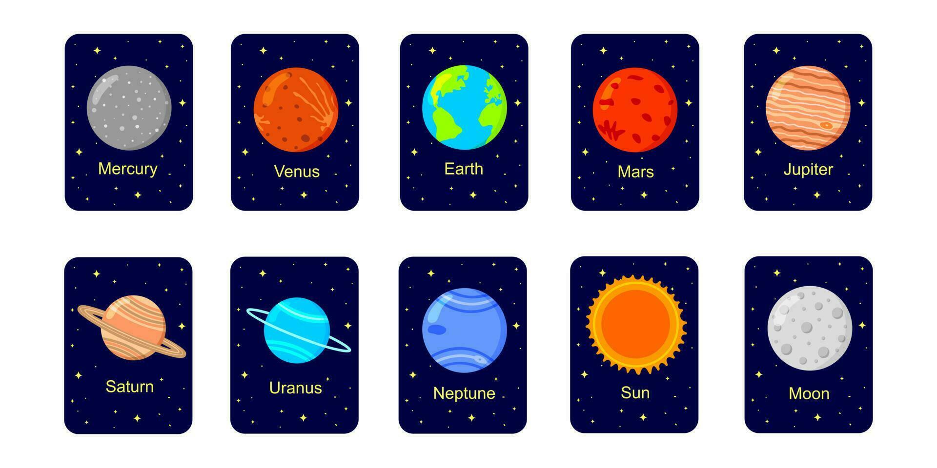 Solar system flashcards for kids. Planets, Sun and Moon with names on dark starry background. Educational material for schools and kindergartens for space science learning vector