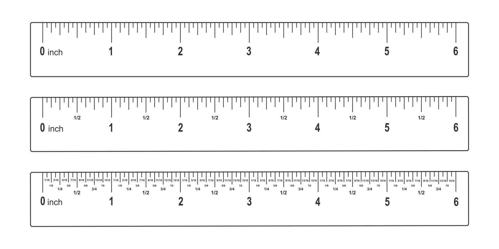 Set of 6 inches rulers with markup, numbers and fractions. Math or ...