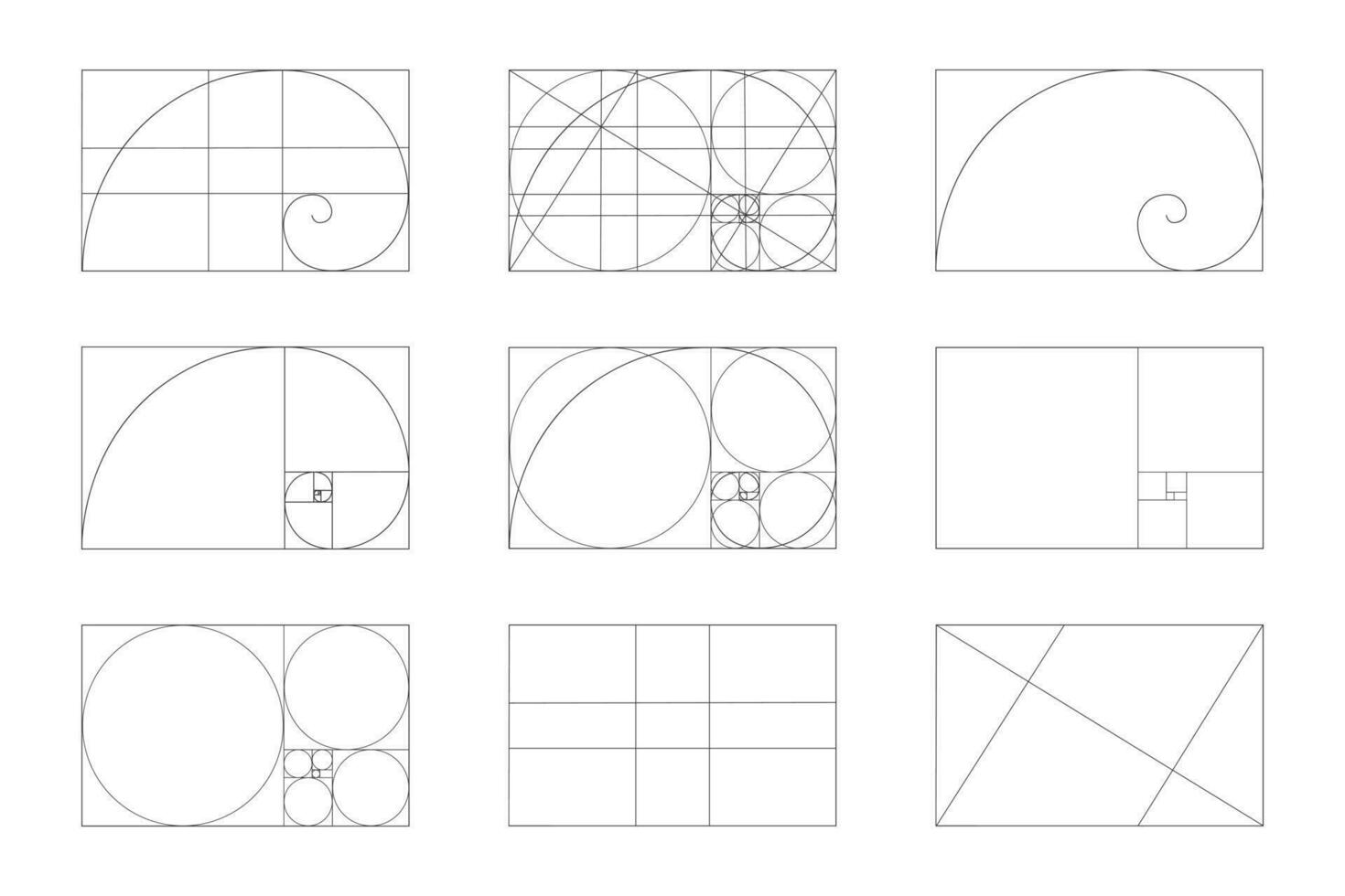 Golden ratio template set. Fibonacci sequence signs. Logarithmic spiral in rectangle frame fracted on lines, squares and circles. Ideal symmetry proportions layout vector