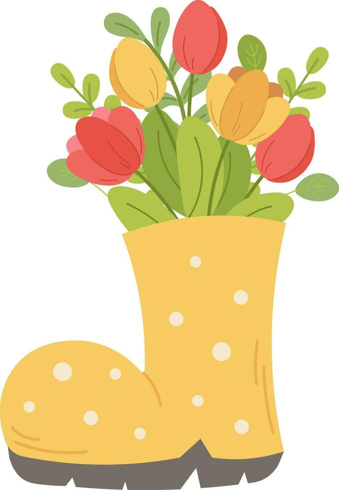 Spring illustration with yellow polka dot rubber boot and bouquet of tulips and twigs. Vector illustration