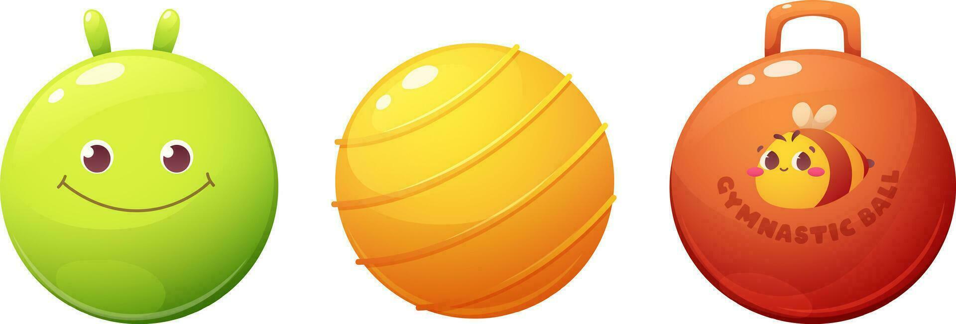Set of funny children's fitballs, gym balls. Ball with antennae and smile, with holder, ribbed ball. Cartoon vector illustration
