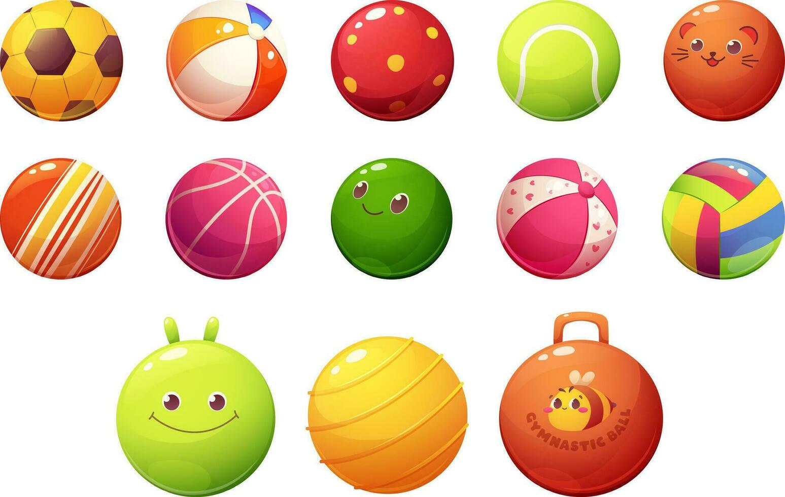 conjunto de vistoso para niños pelotas en transparente antecedentes. a rayas pelotas, con corazones, emojis, vóleibol y fútbol pelotas, gimnasio pelotas. dibujos animados vector ilustración