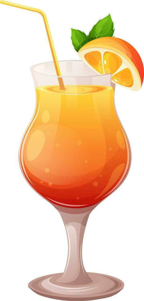 Alcoholic cocktail Sex on the beach in cartoon style. Glass of drink with orange, mint and straw. Isolated vector illustration in cartoon style
