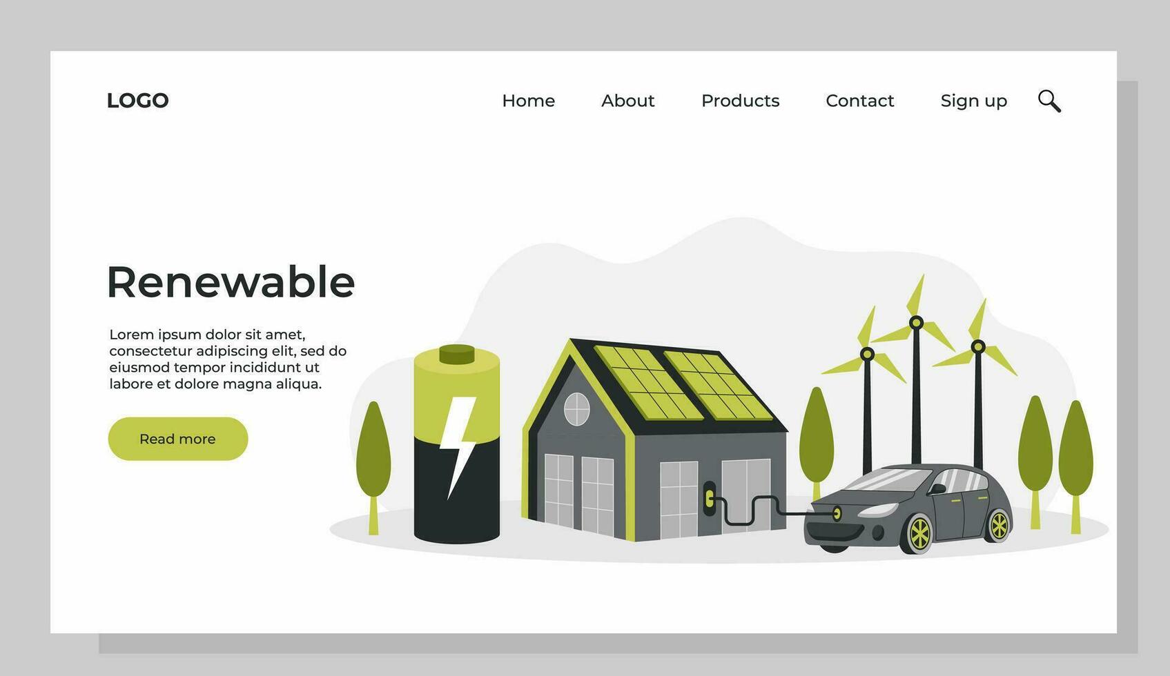 Green energy. Smart grid. Renewable. House with battery and solar energy panels, electric car near charging station. Template for landing page. vector