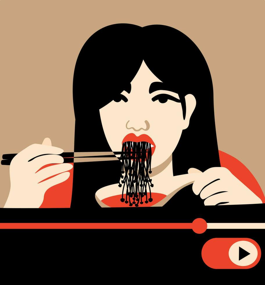 mukbang. joven asiático mujer comiendo enoki hongos y haciendo vídeo vector