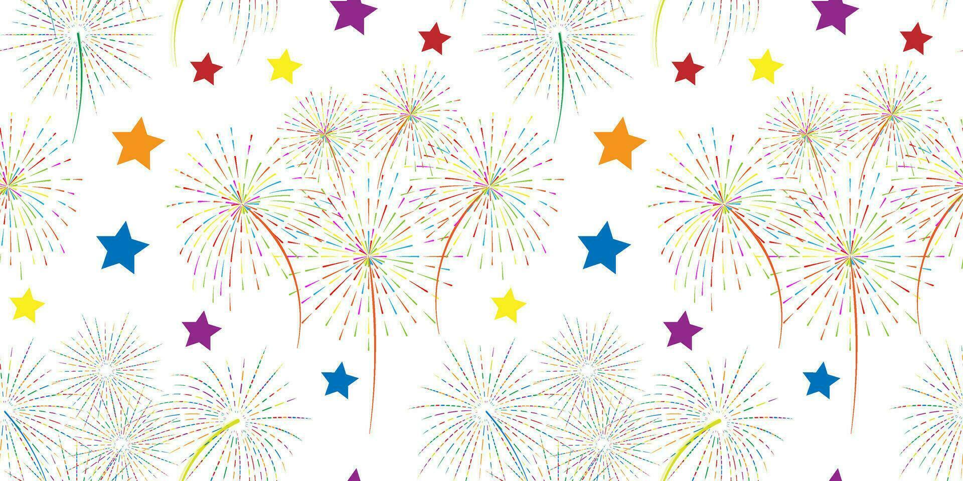 Seamless pattern of colored fireworks and stars on a transparent background. . The concept of New Year and Christmas, Birthday, Independence Day. Vector illustration.