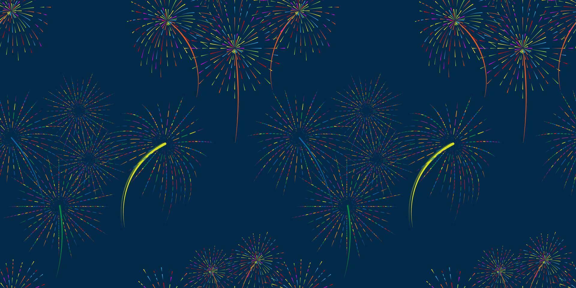 Vector seamless pattern with various colorful fireworks on a blue background. Background for holidays, festivals.