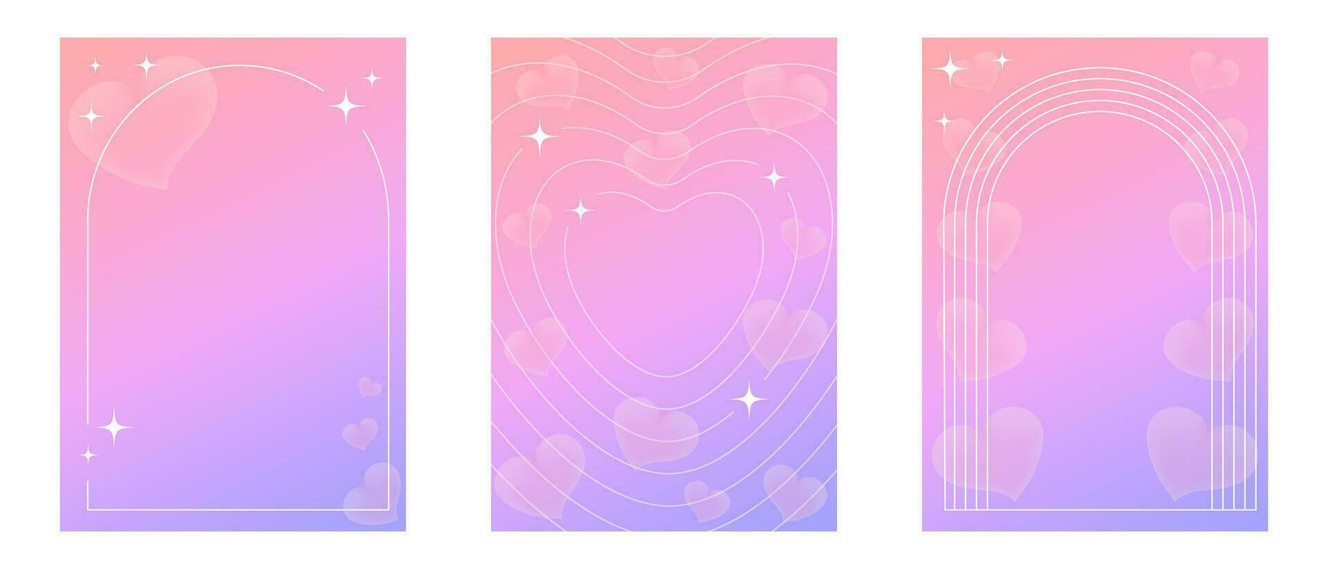 Set of posters with hearts. Gradient holographic backgrounds for Valentine's Day. vector