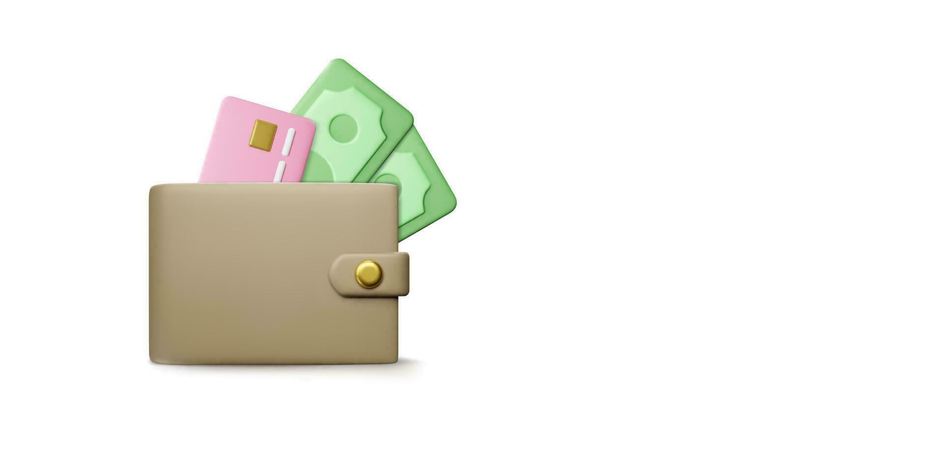 Wallet with paper currency and credit card in realistic cartoon style. 3D purse with green dollars for banner or poster. Vector illustration