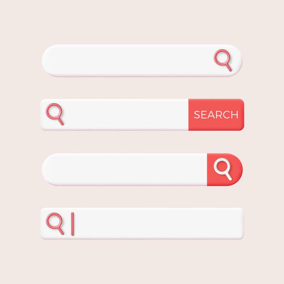 Set of search bar with magnifier. Concept of find field with 3d loupe icon. Search website page template. vector illustration in soft pastel colors