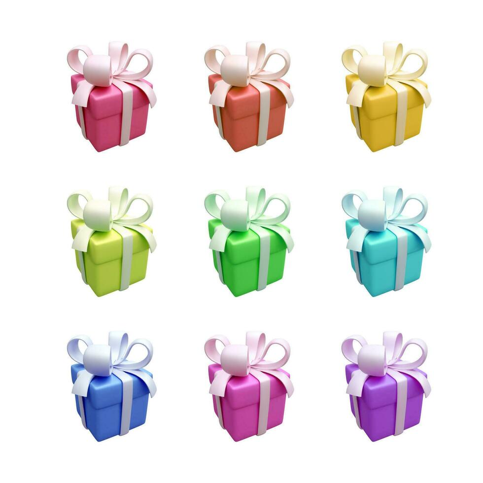 Set of realistic gift box isolated on white background. 3d color render holiday closed surprise box with ribbon. Christmas present box. Vector illustration
