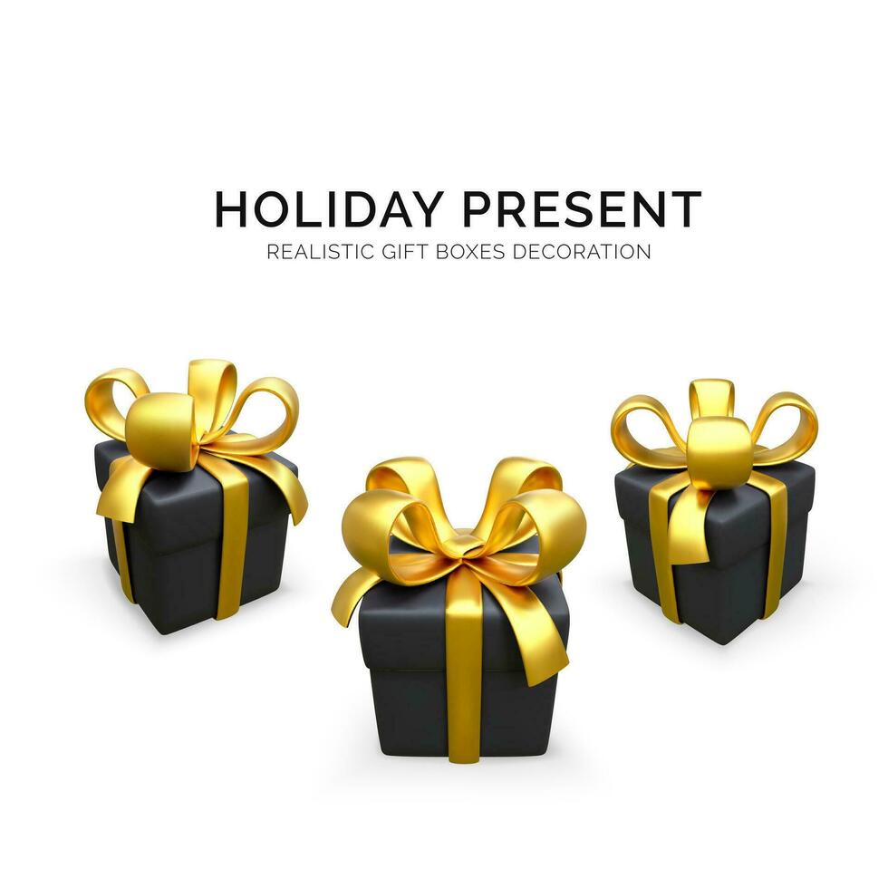 3D black boxes with gold ribbon and bow. Realistic design element for holiday sales. Vector illustration