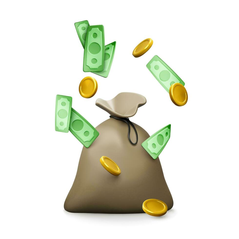 Money bag with falling gold coins and paper currency. Financial services or cash back concept. Return on investment. Fast cash loan. Easy credit or quick payment. Vector illustration