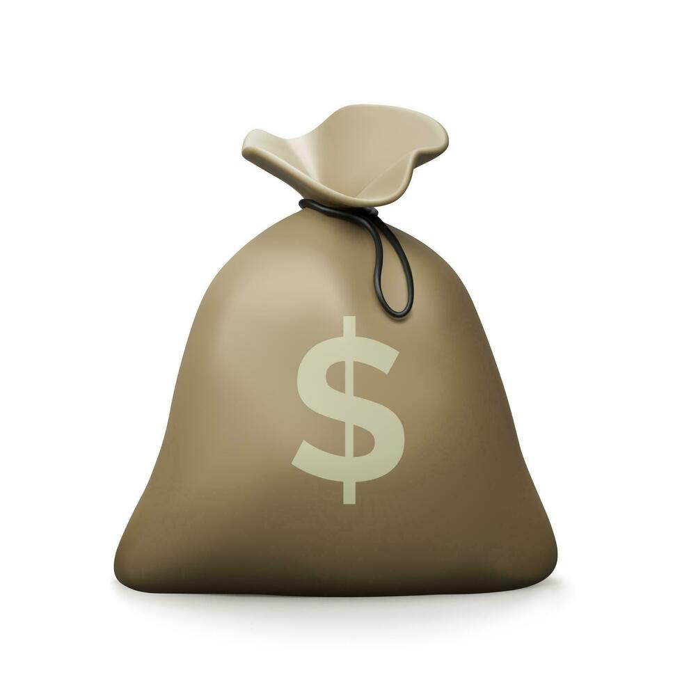 Money bag with dollar sign on it. Realistic cartoon banking and finance object. Vector illustration
