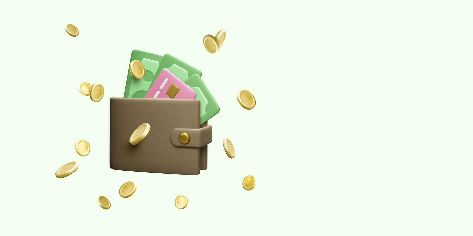 Wallet with paper currency credit card and flying gold coin in realistic cartoon style. 3D purse with green dollars. Vector illustration