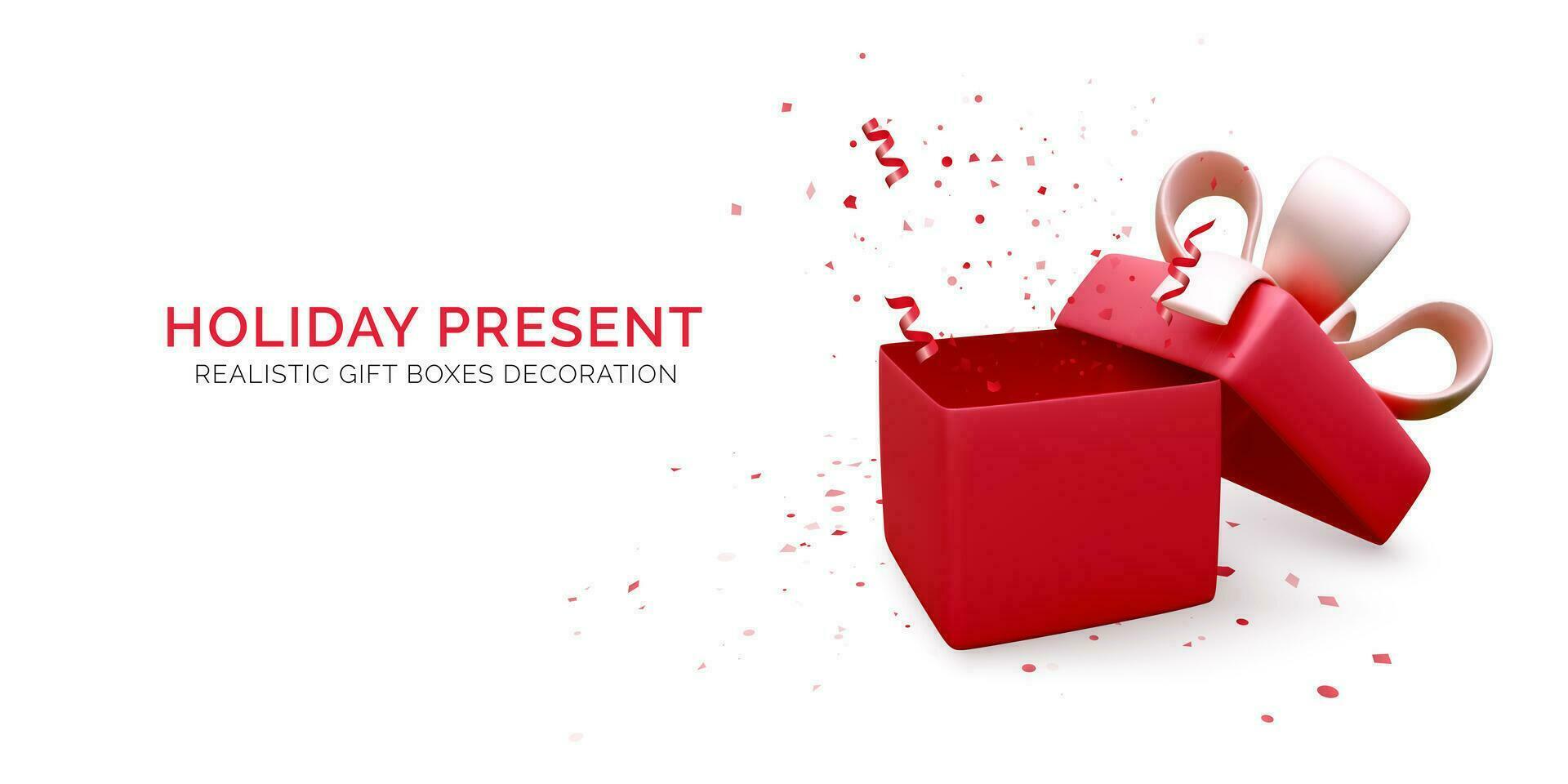 Gift box with red ribbon and bow and falling confetti. Present box decoration design element. Holiday banner with open box. Vector illustration