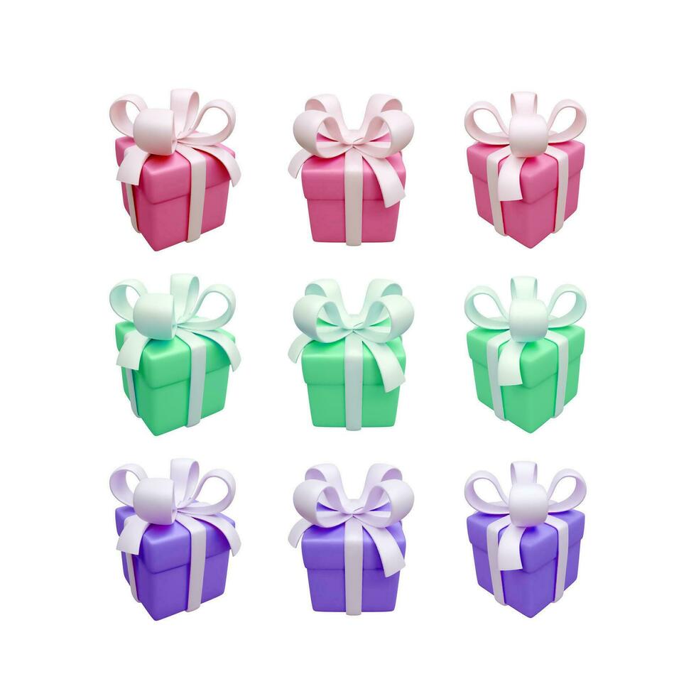 Set of realistic gift box isolated on white background. Christmas present box. 3d color render holiday closed surprise box with ribbon. Vector illustration