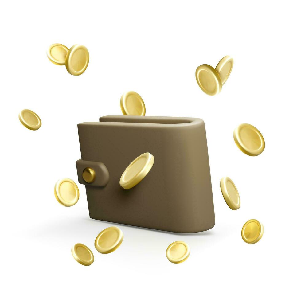 Wallet with flying golden coins in realistic cartoon style. 3D purse design element for cashback concept. Vector illustration