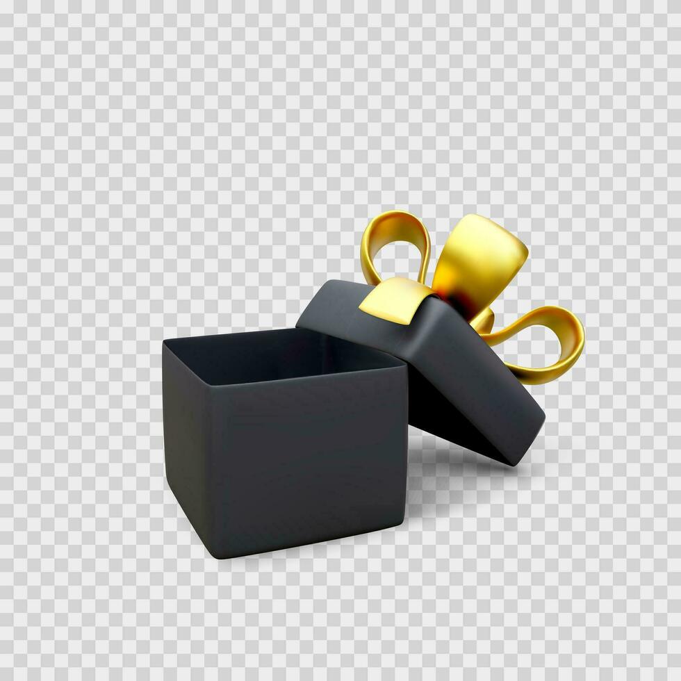 Open gift box with gold ribbon and bow. 3D Present box decoration design element. Vector illustration