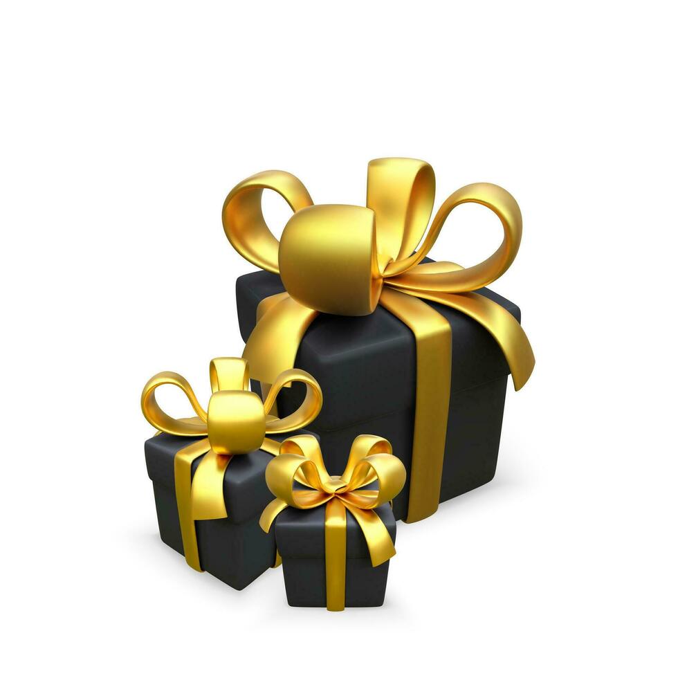 negro regalo caja con oro cinta en realista estilo. sorpresa paquete para día festivo. 3d caja con dorado arco. negro viernes diseño elemento. vector ilustración