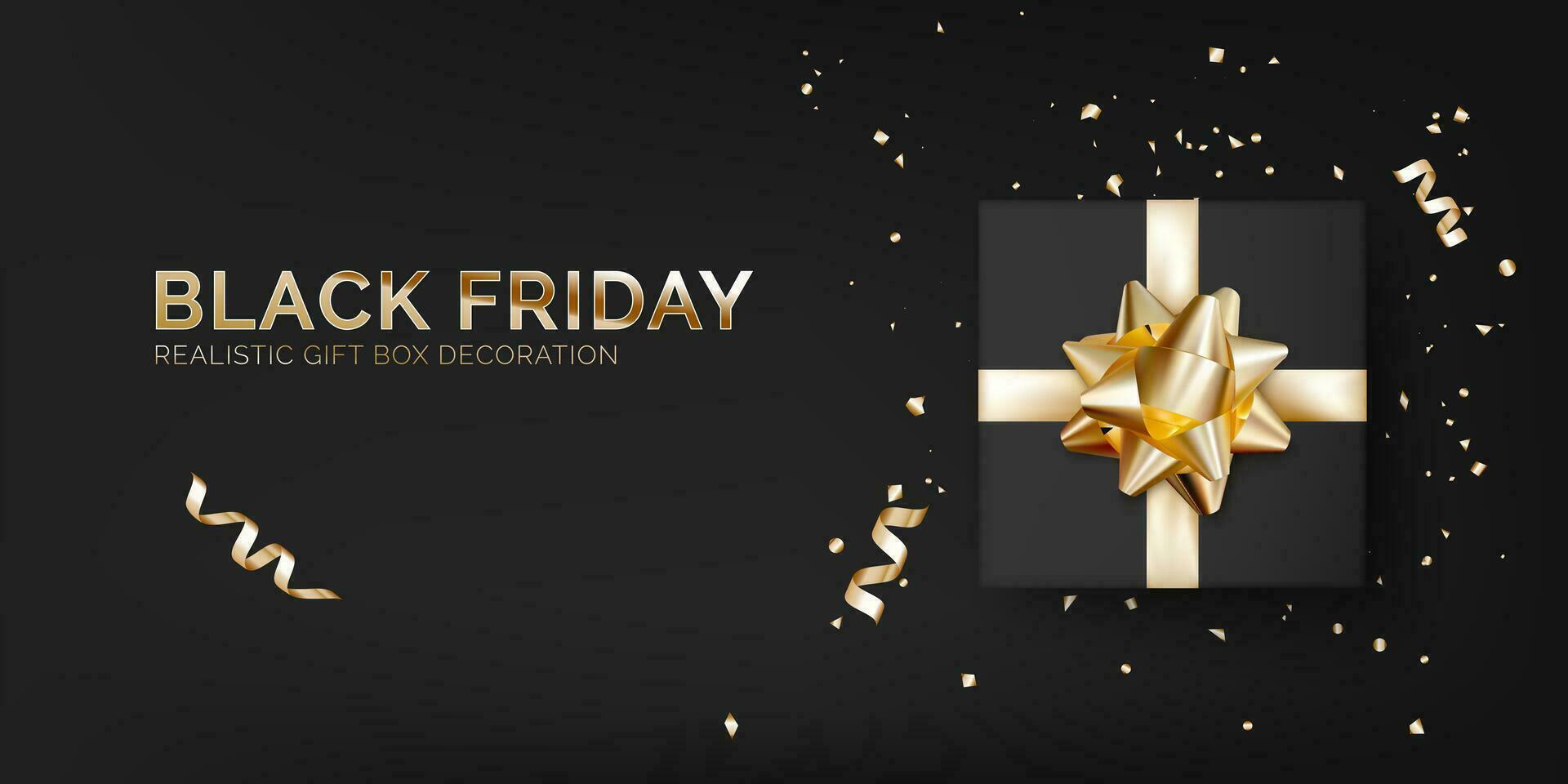 Holiday sale banner with black gift box with red ribbon and bow. Black friday or luxury Christmas poster. 3d boxes with gold ribbon and bow. Vector illustration
