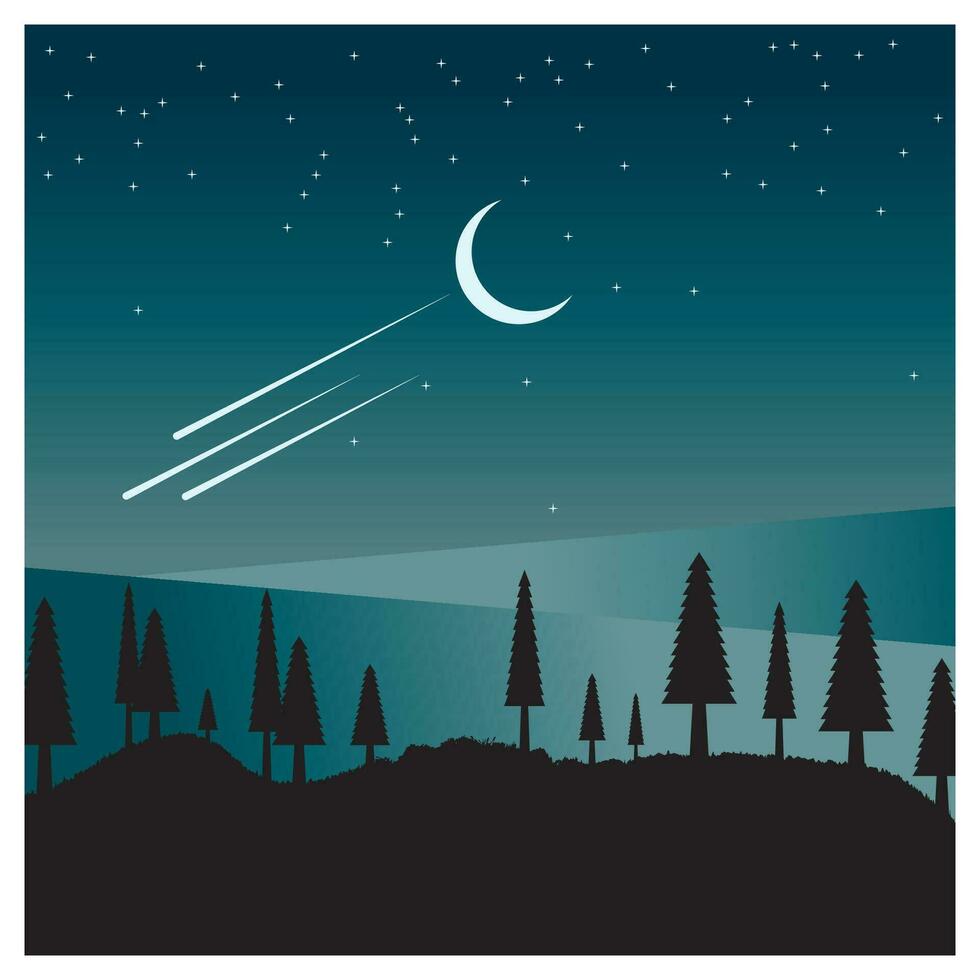 hermosa paisaje de montañas pino arboles y Luna vector