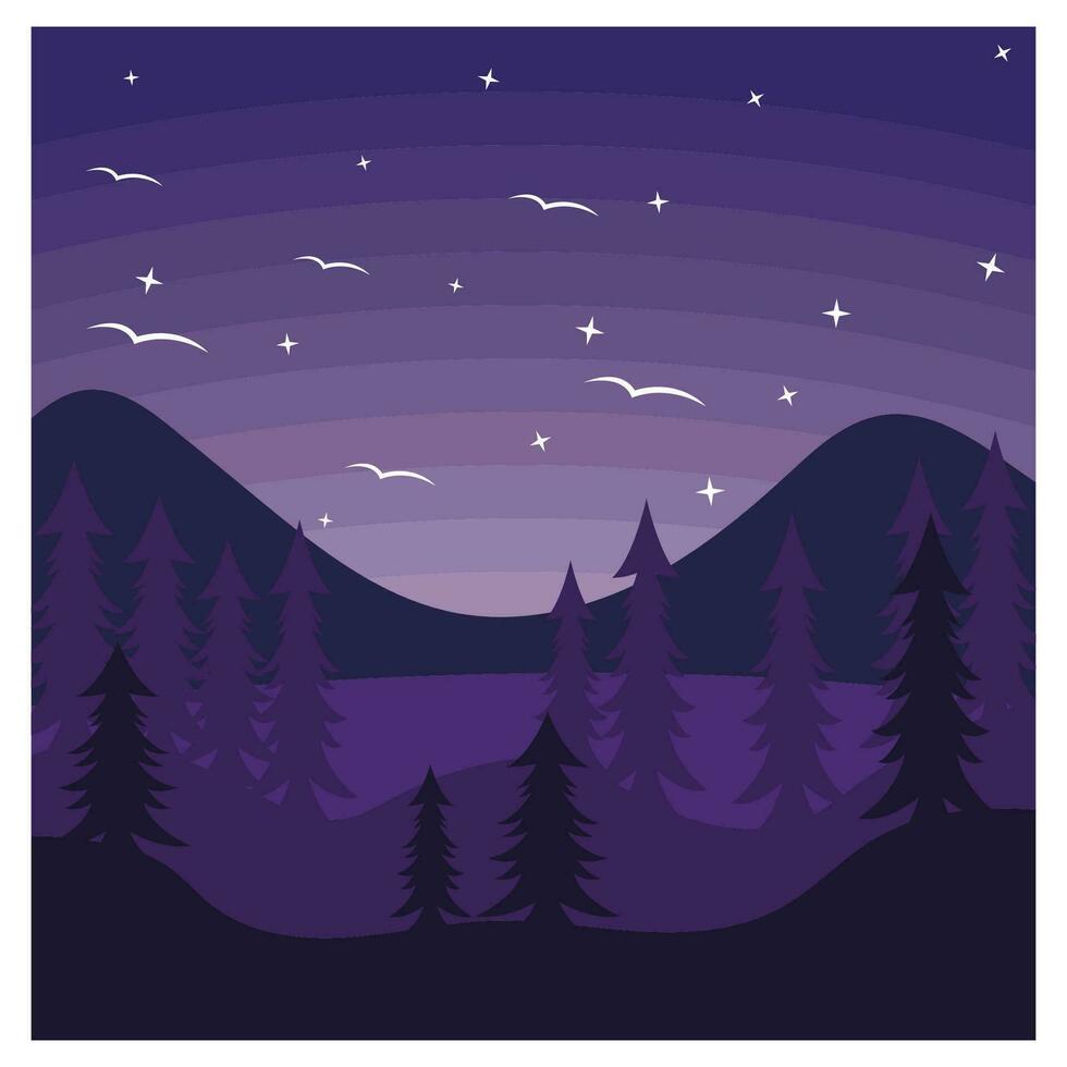 hermosa paisaje de montañas pino arboles y Luna vector