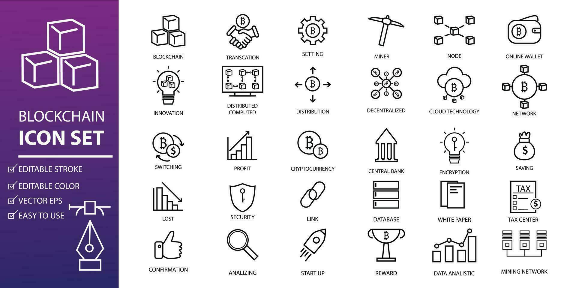 Technology icon set. Editable stroke outline crypto blockchain simple style. suitable for design of app, UI or web elements about software development, web and technology applications vector