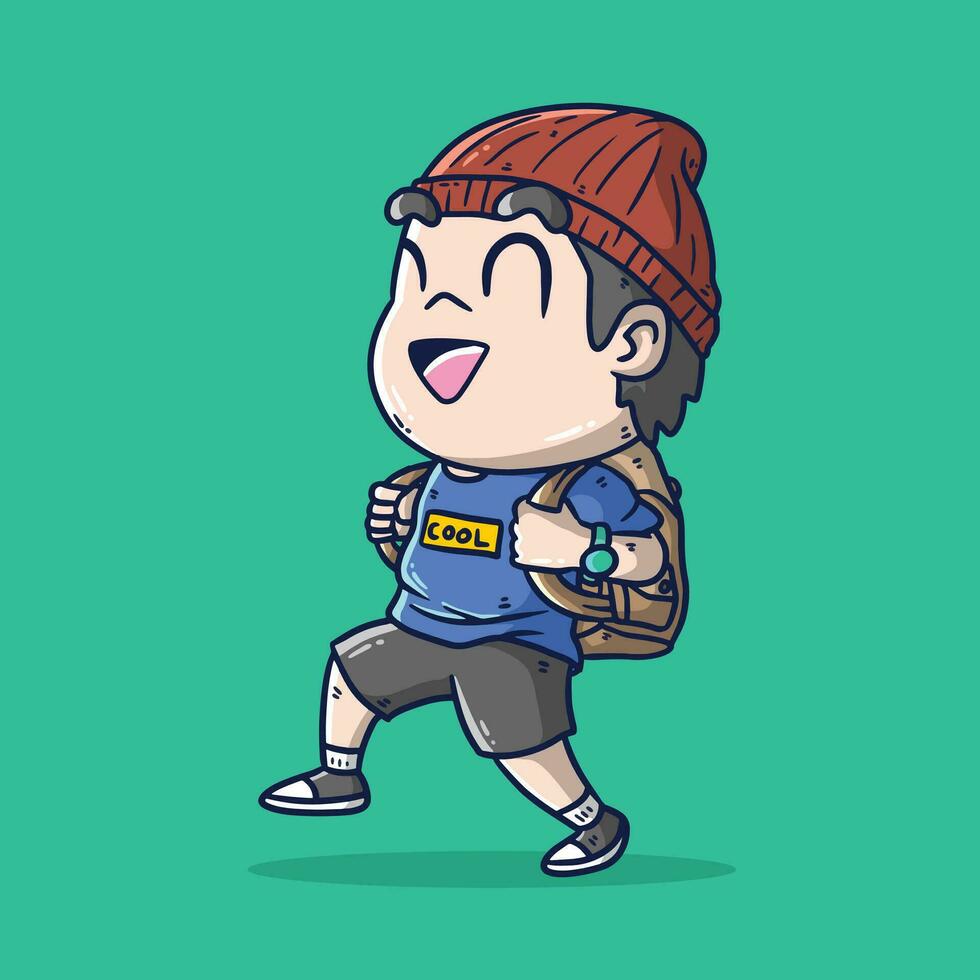 Cute boy with backpack travelling on holidays cartoon vector illustration. Hand drawn vector illustration