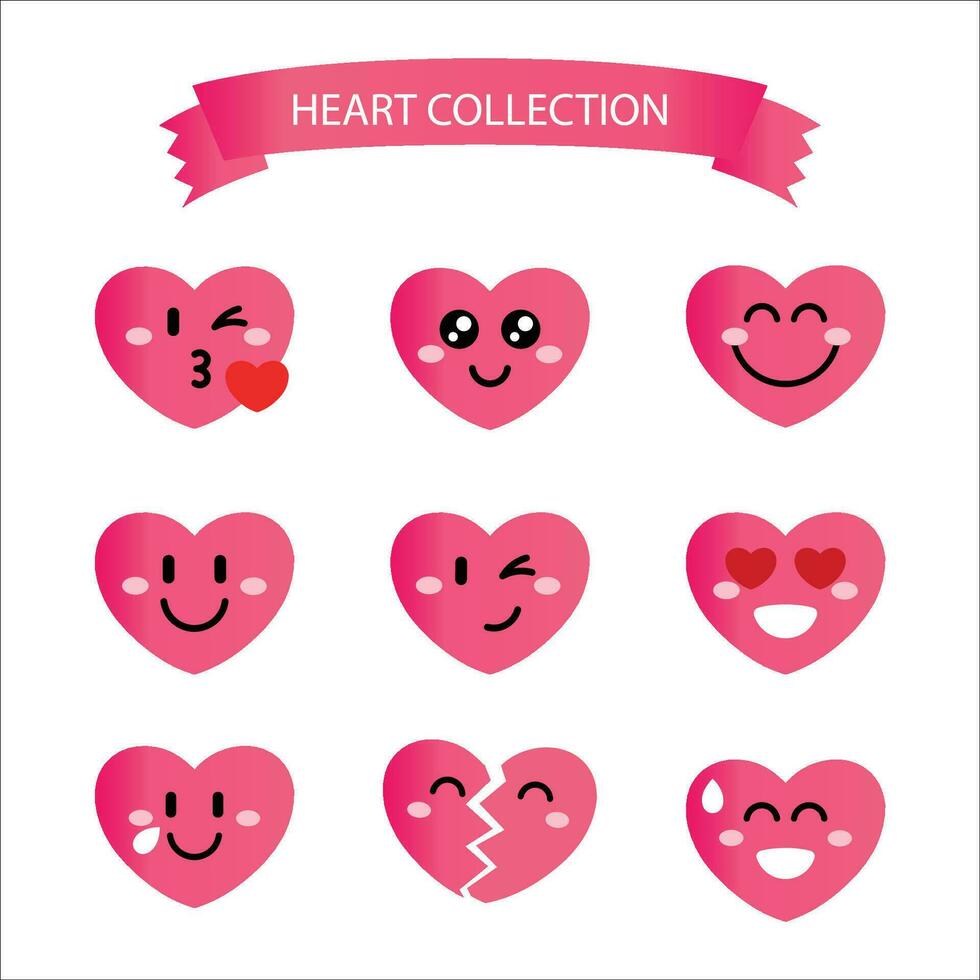 Set of Cute Heart shape emoji icon, collection of heart emoticon vector