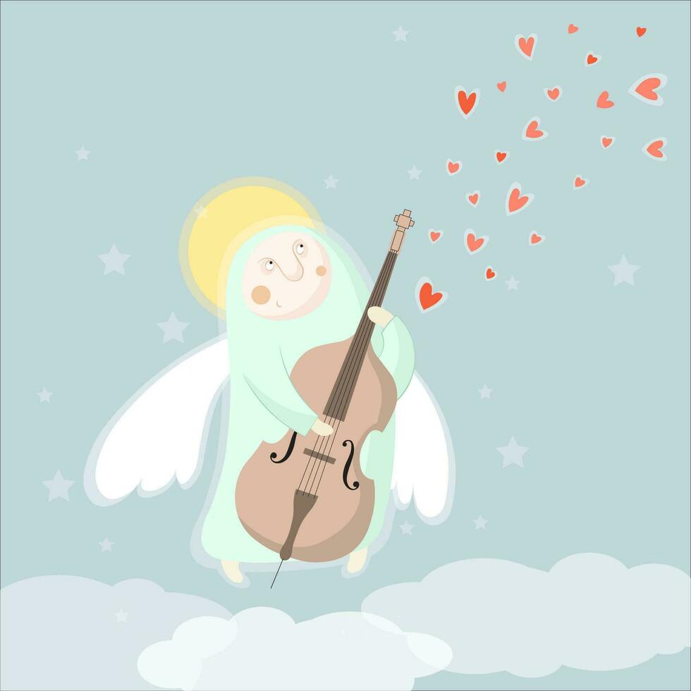 Cupido ángel amor personaje jugando el violonchelo vector ilustración para enamorado día o Boda Fechado