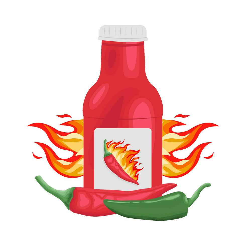 caliente fuego, caliente chile con botella salsa ilustración vector