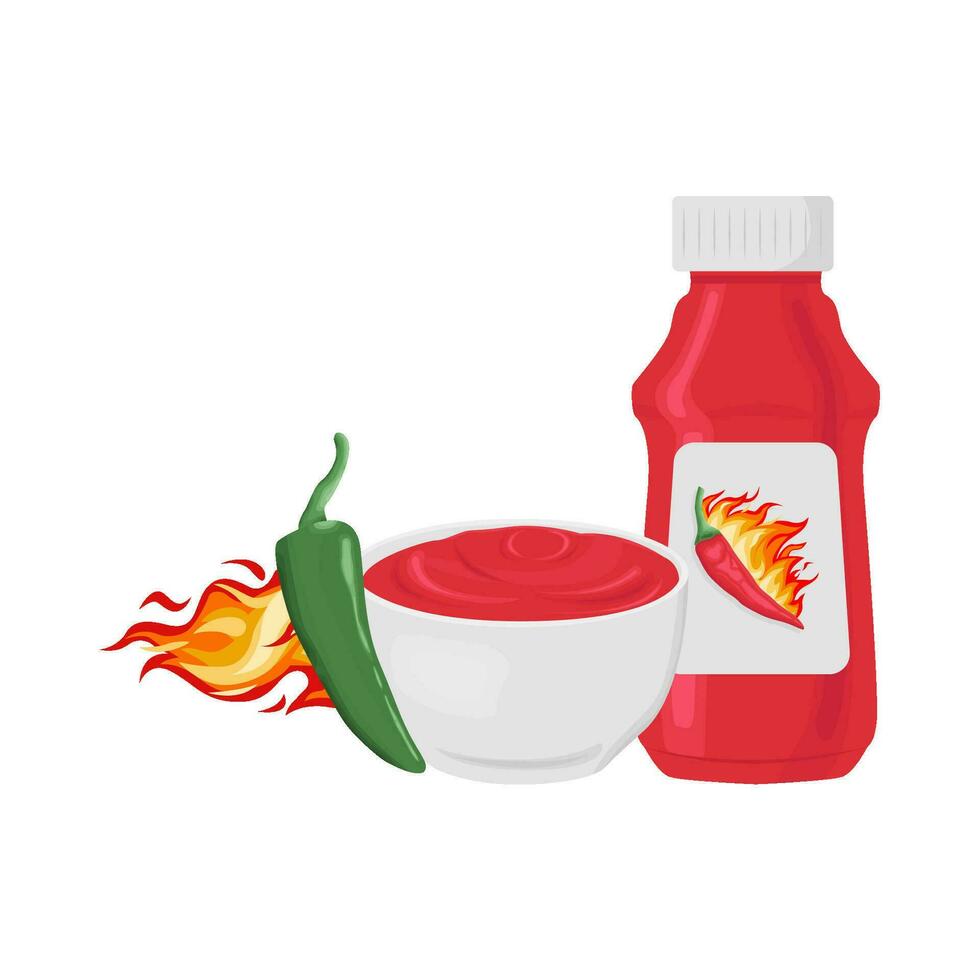 caliente fuego, caliente chile con botella salsa ilustración vector